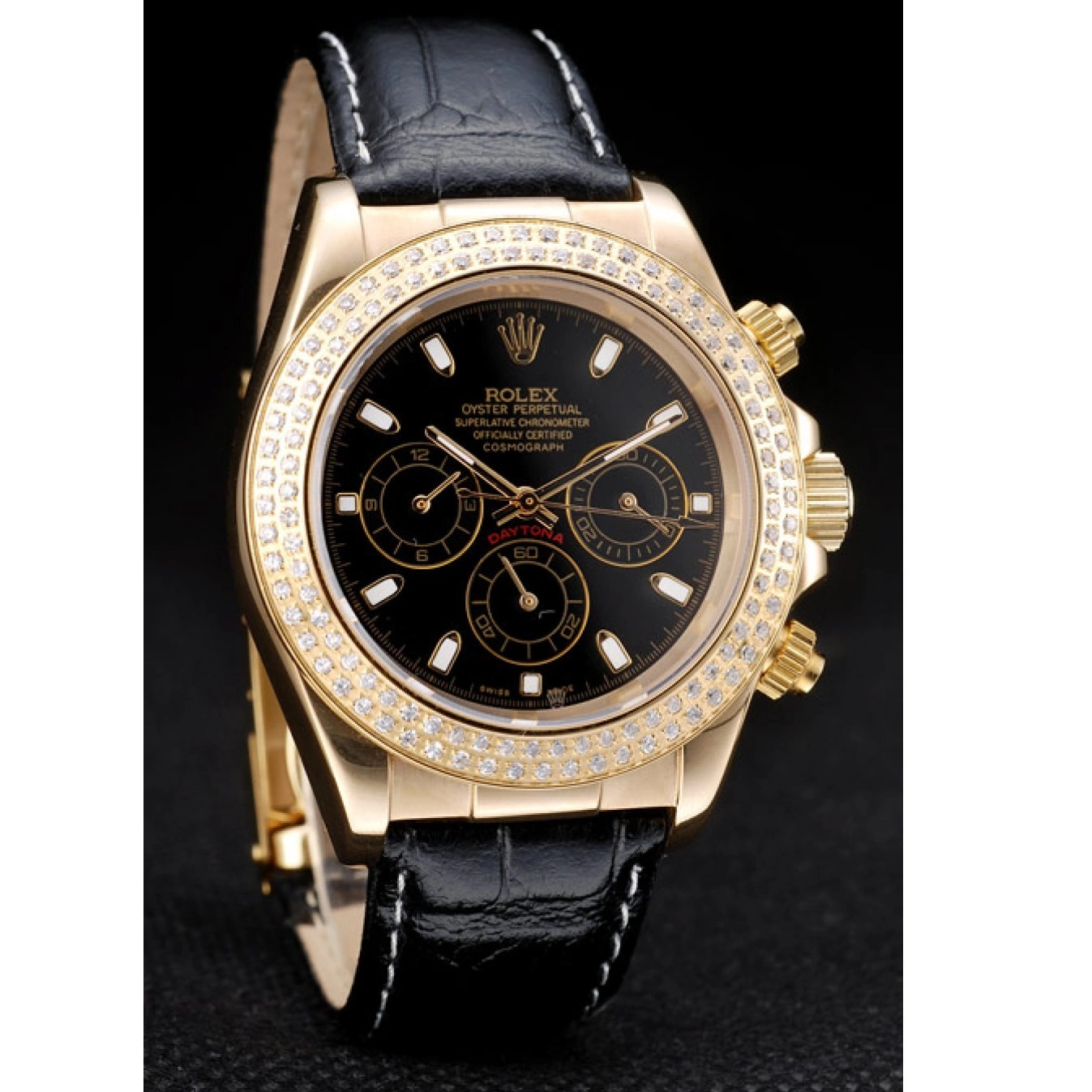 MiroTime 0716 Rolex Daytona Gold Case Crystal Studded Bezel Black Dial